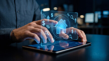 Real estate investment growth with digital property interface, financial analysis and market performance technology.