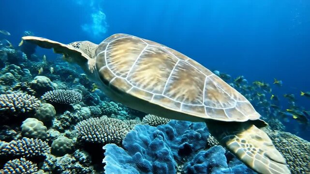 Vibrant coral reef teeming with fish and a sea turtle swimming gracefully in clear blue ocean