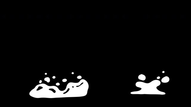 Collection motion 2d elements for game isolated on black background. Set of cartoon animation with various liquids effects. Blob or bubble explosion, circle water ripple, falling and splash drop.