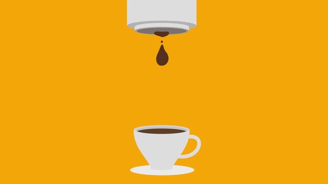 2d animation of coffee drop falling from above and splashing in cup with drink. Colorful flat cartoon motion element for cafe.