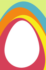 Abstract minimalist egg shape with colorful organic arched layers in red, yellow, orange, and blue on a green background.