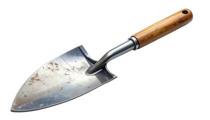A stainless steel and wood garden trowel isolated on black. The gardening tool shows wear