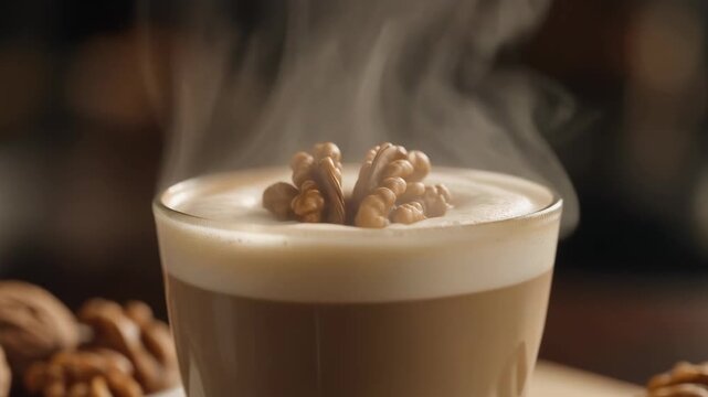 Close-up of a steaming walnut latte coffee drink topped with whole walnut kernels and rich foam in a glass mug symbolizing warmth and gourmet flavor.