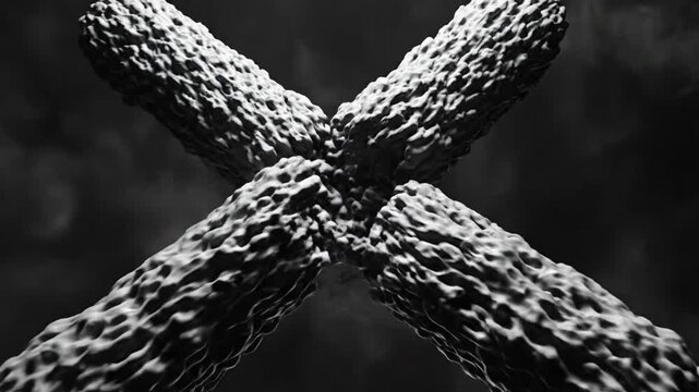 Abstract grayscale animation of genetic structure and chromosomal cross shape with cloud background