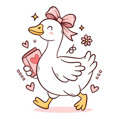 Cute cartoon duck holding a love letter with pink bow and hearts in sweet kawaii illustration style