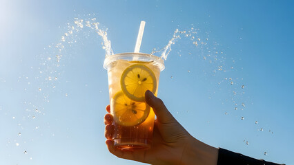A hand holding a refreshing drink with lemon slices on a sunny day
