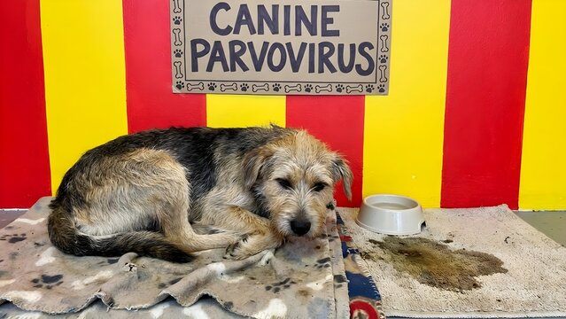 Sick dog with canine parvovirus lying on dirty blanket with food bowl with dog disease and animal health and veterinary and parvovirus symptoms