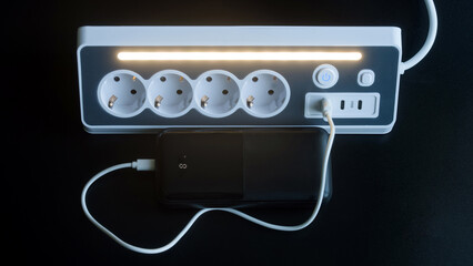 Modern white extension cord with Euro sockets and USB type-c ports charging a portable external battery. Top view of smart electrical equipment and wire. Photo