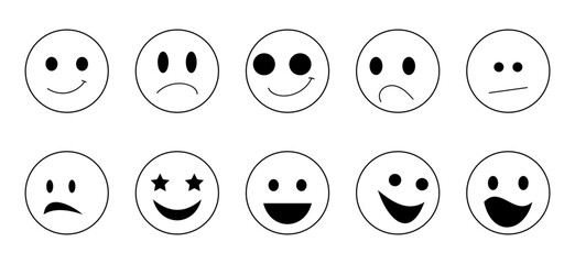 Emoticon Icon Set with Different Emotions and Facial Expressions, Black and White Vector Illustration for Chat, Social Media and Survey Design