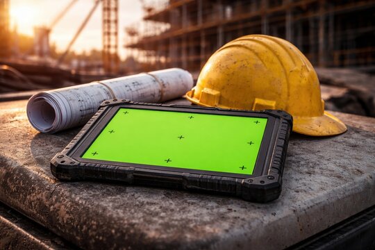 Rugged industrial tablet with green screen and tracking markers on concrete