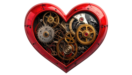 A steampunk-inspired red heart filled with detailed clockwork gears and mechanisms