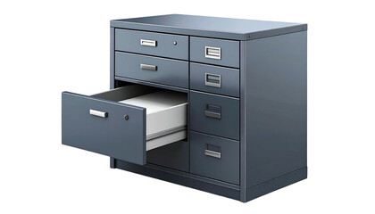 A steel file cabinet with drawers of different sizes, one open, filled with paper
