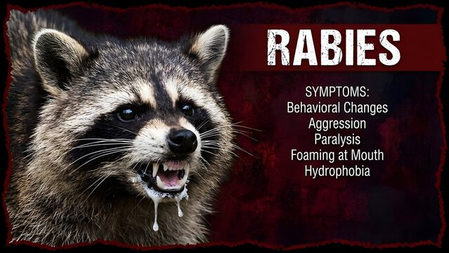 Rabies symptoms in raccoons showing aggressive behavior with foaming mouth with hydrophobia and paralysis and behavioral and veterinary and changes