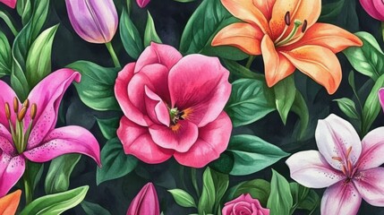 Obraz premium Enchanting floral tapestry with vibrant lilies, tulips, and foliage arrangement