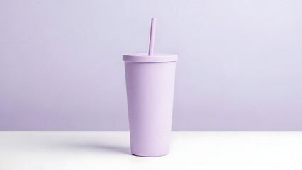 A lavender reusable cup with a straw on a white surface