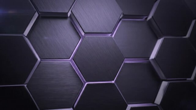 Abstract futuristic hexagonal tile background with purple neon light and textured metal surface