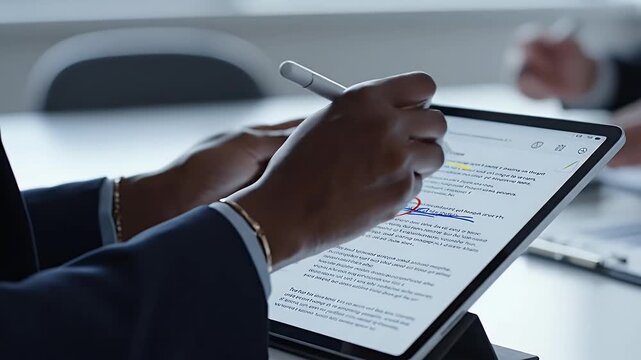 Digital Proofreading Tablet Stylus Editing Document Review Correction Annotation Business Technology Workflow Online Collaboration Remote Work Professional Creative Process Stock Video Footage
