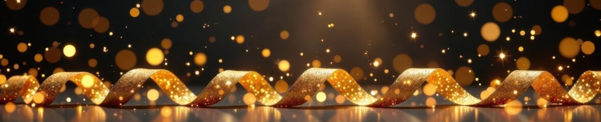 Falling golden confetti, sparkling zigzag ribbon and tinsel streamers , gold, decoration, zigzag