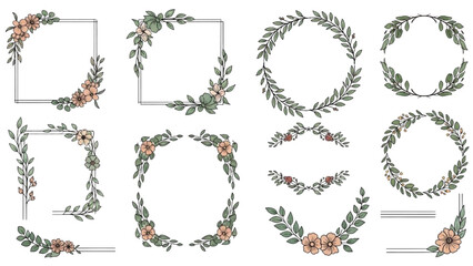 Obraz premium Floral wreaths and frames with green leaves and flowers on white background