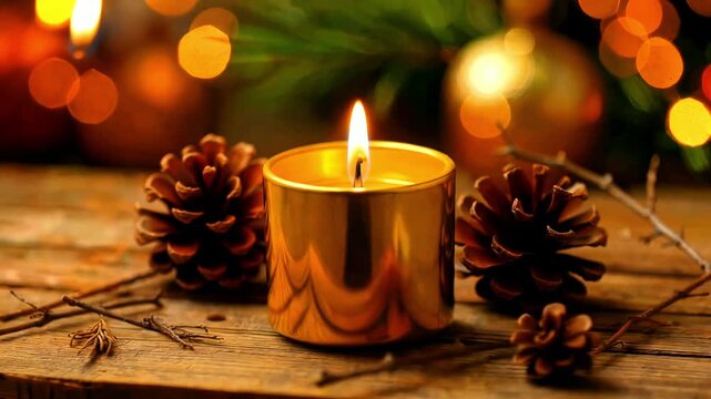 A single flickering golden tea light candle glows warmly nestled among natural pine cones and rustic twigs, creating a peaceful holiday atmosphere.