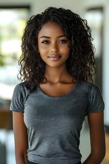 Fototapeta premium Young African American woman with curly hair wearing gray t-shirt smiling at camera in modern indoor setting for lifestyle and portrait photography.