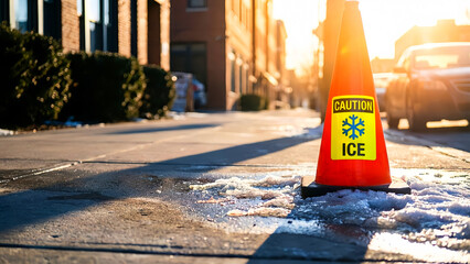 Bright orange caution traffic cone with clear ice warning sign positioned near melting snow and ice patches on a sunny urban sidewalk during winter conditions.