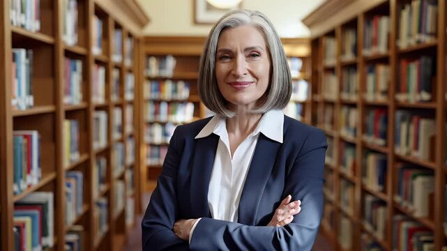 Senior Woman Professional Business Portrait Library Background Success Confidence Leadership Education Mentor Executive Older Female Stock Video Footage Clips Images