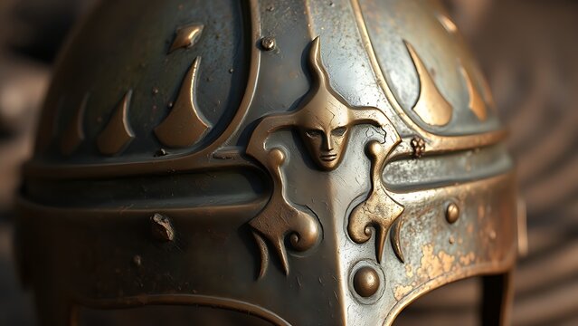 passphrase. Damaged Viking helmet with battle scars and dents, metallic texture. event programs, museum guides, designed for cultural heritage projects and event programs.
