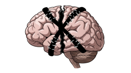 Brain with crossed samurai swords symbolizing mental conflict and strategic thinking