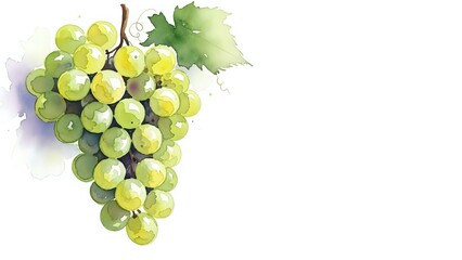 Obraz premium Fresh green grapes cluster with leaves in watercolor style on white background, isolated fruit illustration for wine and food design projects.