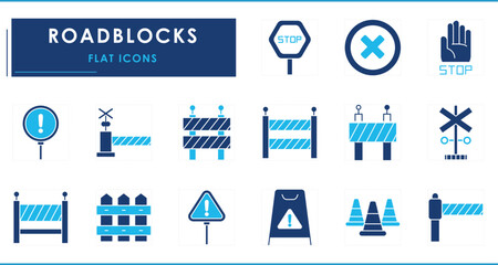 A set of flat icons related to Road Blocks and Barriers. Various stop, warning, and physical barriers.