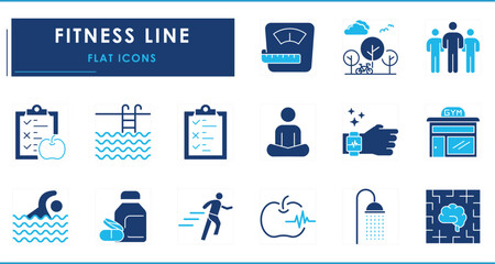 A set of flat icons related to Fitness. Exercise, meditation, training, gym, swimming, shower, park, medicine, and so on.
