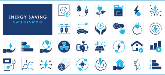 Energy Saving related flat icons set.