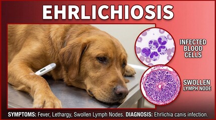 A sick brown dog with a thermometer in its body lying on a table with infected blood cells and a swollen lymph node due to ehrlichiosis a bacterial disease