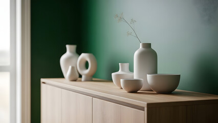 A collection of white vases and bowls on a wooden sideboard