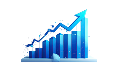 A stylized 3D bar graph with an upward-pointing arrow, signifying growth and progress