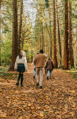 Fototapeta premium A group of people are walking through a forest, with some wearing hats. Scene is peaceful and serene, as the group enjoys their time together in nature