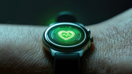 Close-up of a smartwatch displaying a green heart rate monitor on a persons wrist in a dark setting.