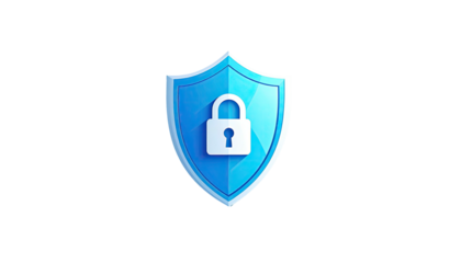 A stylized blue shield graphic with a padlock icon centered, set against a black backdrop
