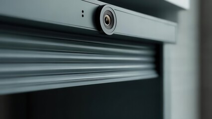 Close-up of a modern security camera mounted above a window.