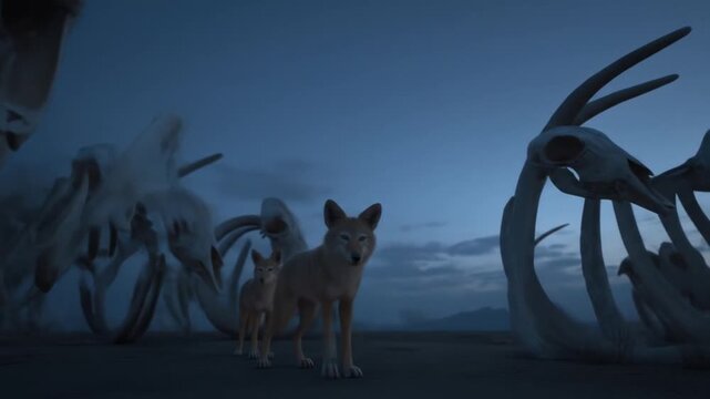 Three canids stand on a barren landscape surrounded by enormous bones against a dusky blue sky