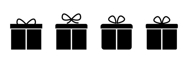 Gift Box Icon Set in Black Silhouette Vector Illustration Isolated on White Background, Festive Present Symbols with Bow for Celebration, Shopping and Design