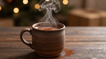 Cup of hot drink with steam rising in a cozy indoor setting during winter Generative AI