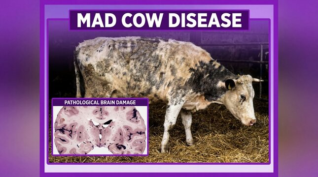 Mad cow disease illustration with pathological brain damage image with bovine spongiform encephalopathy and veterinary medicine and animal health