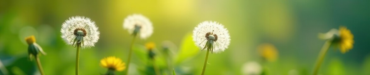 Neutral-toned dandelion seed heads, floating softly, art, calm, beautiful