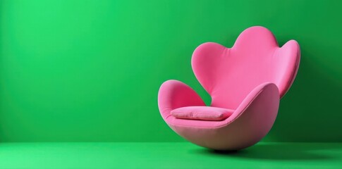 Pink blossom-shaped armchair, vibrant green setting, vibrant, floral