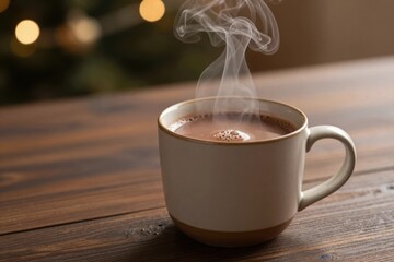 Cup of hot drink sitting on wooden table with steam rising Generative AI