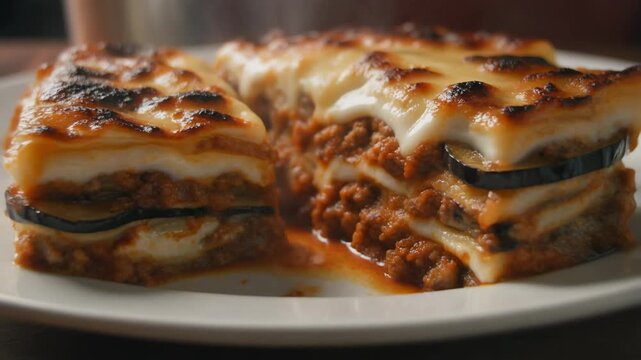 Homemade traditional greek moussaka layered casserole with eggplant savory meat ragu and creamy bubbling baked bechamel sauce.