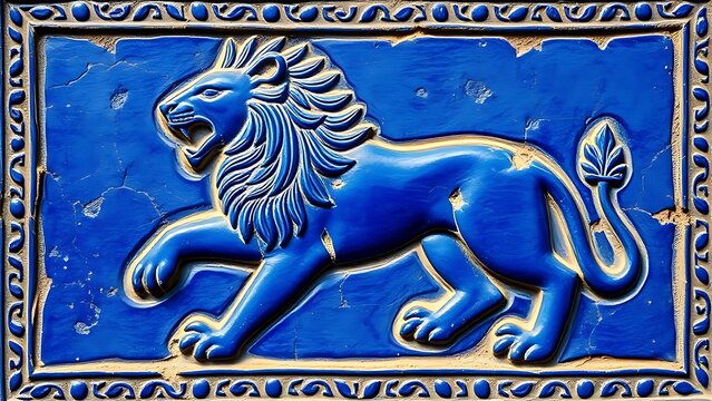 ishtar. Glazed brick relief of a lion against lapis lazuli blue background with gold accents, intricate patterns. event programs.