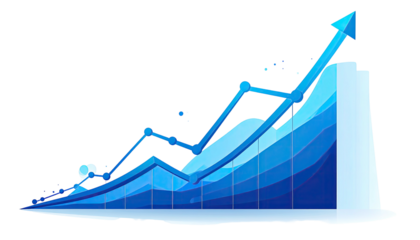 A stylized blue graph showing upward growth over several stages, on a black background